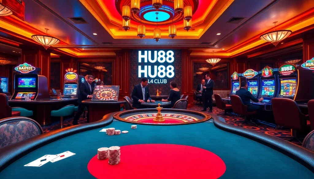 Exciting gameplay at HU88 CLUB with luxurious casino elements like poker tables and slot machines.