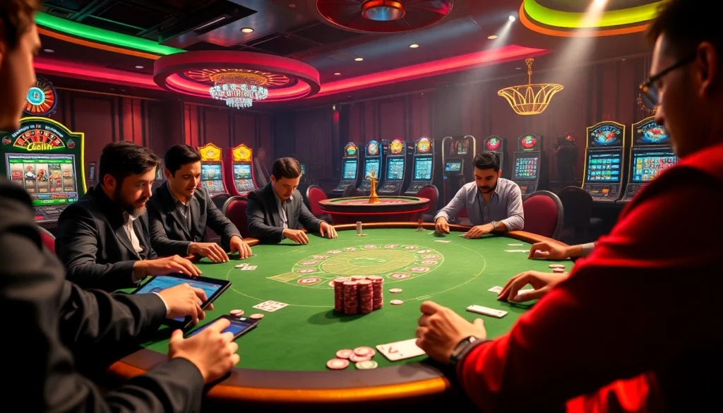 Players strategizing at a vibrant poker table in a luxurious casino setting with HAYWIN theme elements.