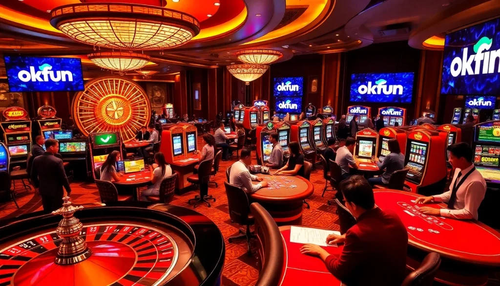 Experience the thrill of betting at okfun's vibrant casino scene with roulette and poker tables.