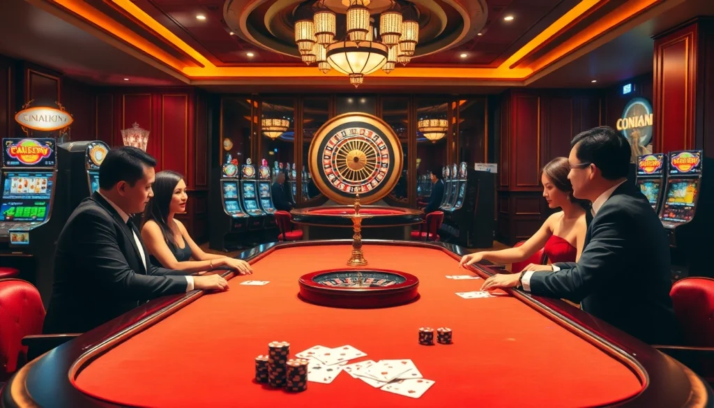 Gamblers enjoying a thrilling game at nhà cái s666 casino, showcasing poker, roulette, and slot machines.