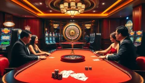 Gamblers enjoying a thrilling game at nhà cái s666 casino, showcasing poker, roulette, and slot machines.