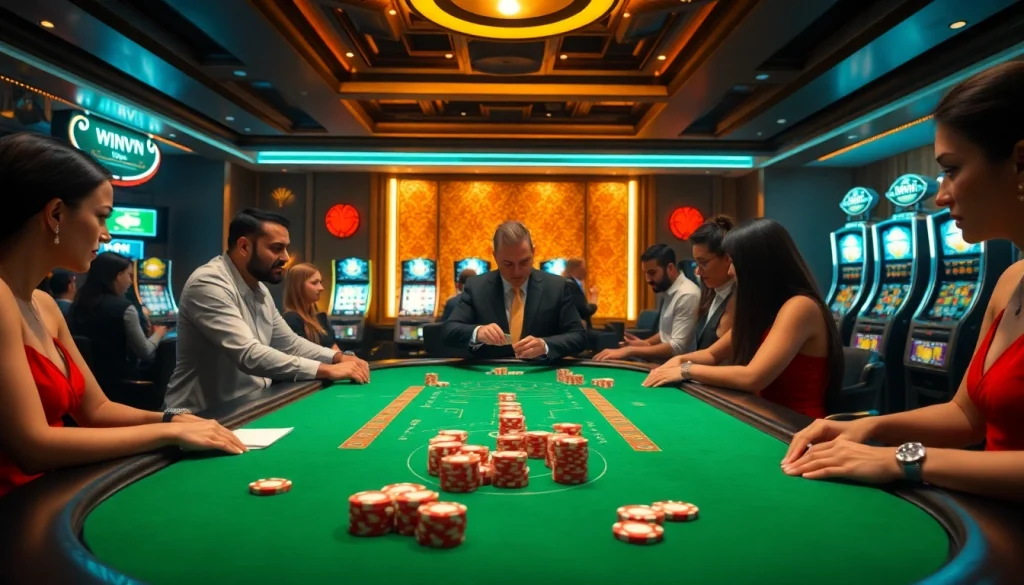 Players are enjoying poker at a luxurious winvn casino, highlighting excitement and high stakes.