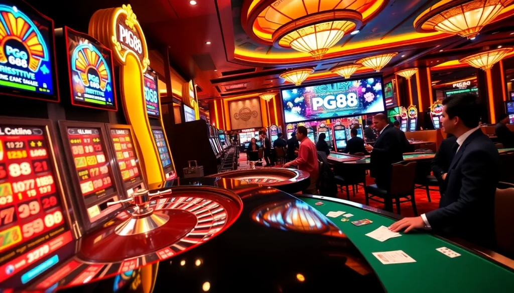 Experience the excitement of pg88 in a luxurious casino environment filled with vibrant slot machines and roulette.