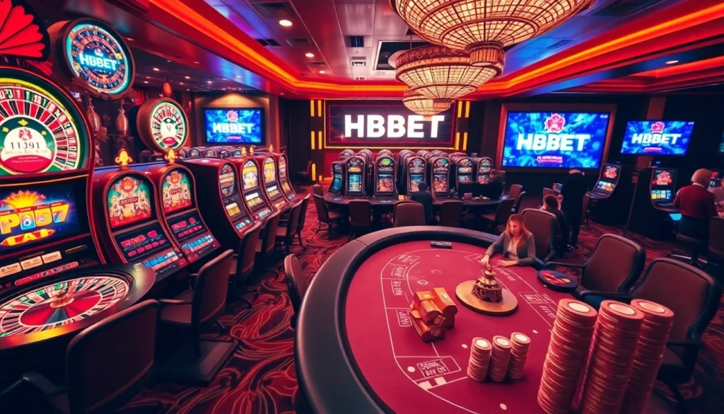 Experience luxury and excitement at HBBET, featuring vibrant casino tables and engaging slot machines.