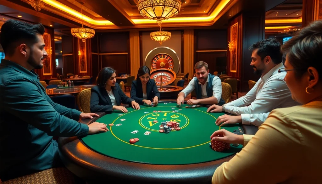 Exciting VT88 poker game scene with vibrant casino atmosphere and strategic bets.