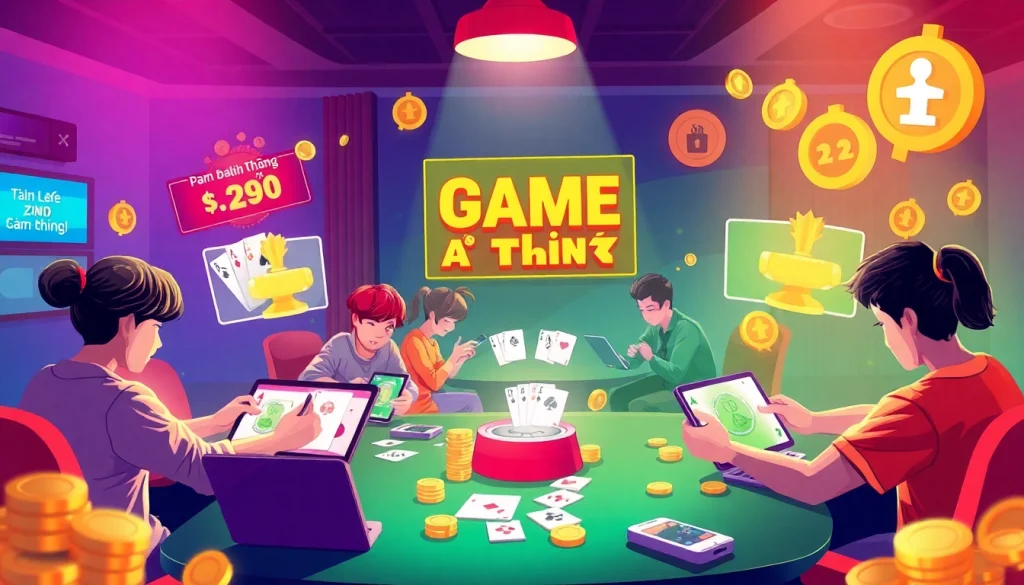 Dynamic illustration of online card gaming at gamebaidoithuong.com.vc, showcasing players winning real money.