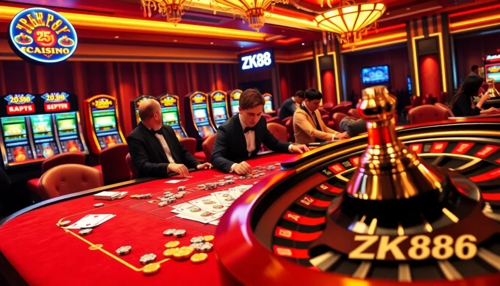 Experience high-stakes poker at ZK88 casino, showcasing luxurious gaming tables and exciting jackpots.