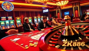 Experience high-stakes poker at ZK88 casino, showcasing luxurious gaming tables and exciting jackpots.
