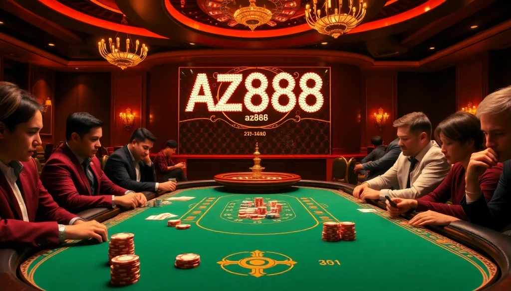 Players engage in a thrilling game at the AZ888 casino table with vibrant chips and cards.