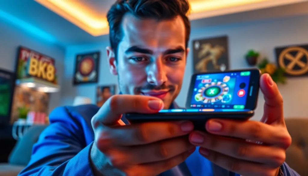 Experience the excitement of online gaming with bk860s.com on a smartphone in a modern setting.