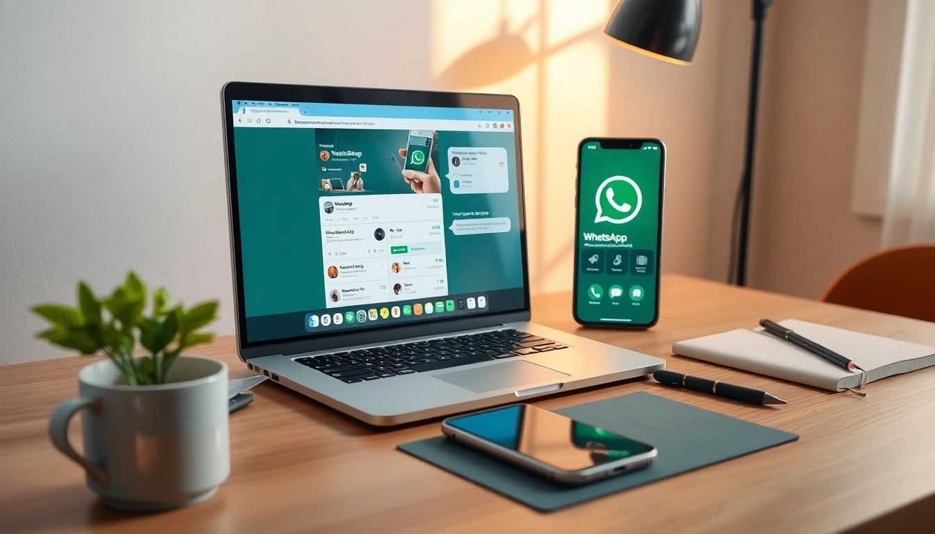 WhatsApp Web interface open on a laptop in a modern workspace with a smartphone.