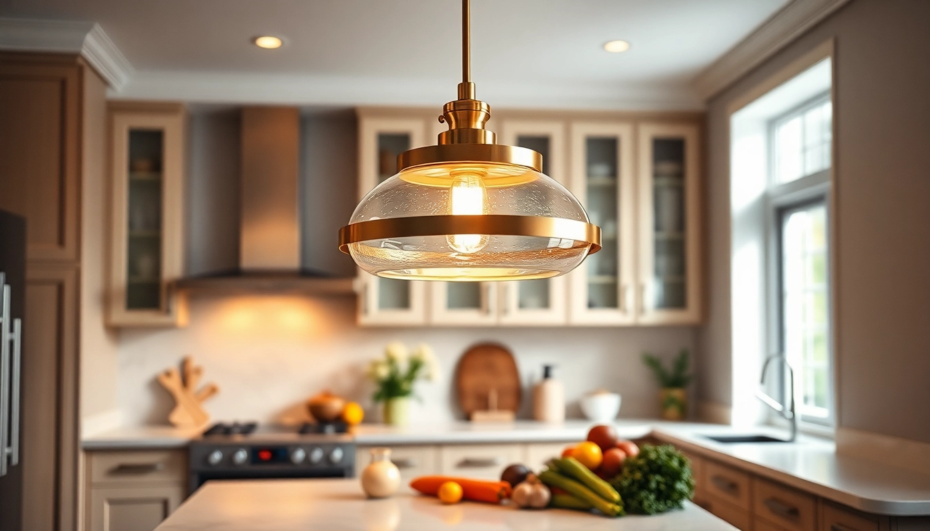 Showcase of a stylish island light fixture illuminating a modern kitchen space.