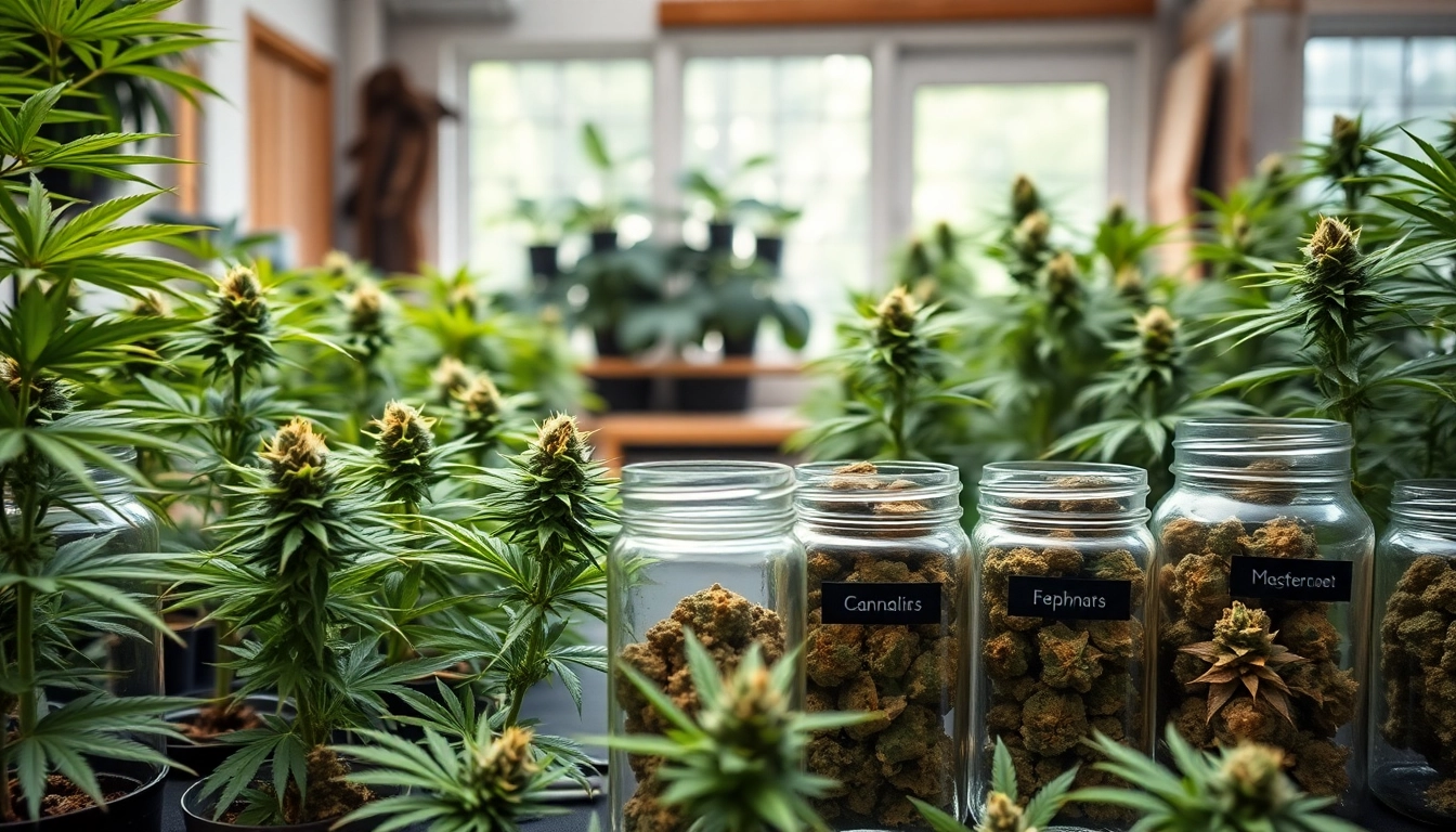 Showcase of Cannabis & Weed for Sale UK with vibrant jars of premium strains and a natural setting.