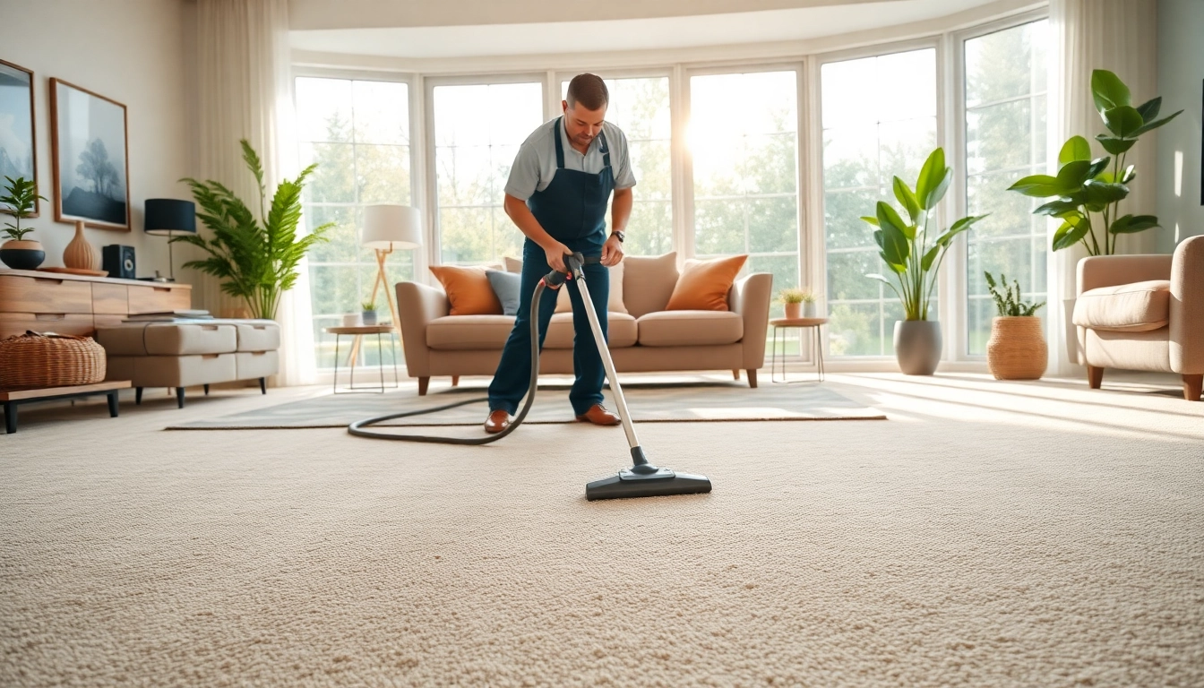 Professional carpet cleaning in a spacious living room showcasing freshly cleaned carpets.