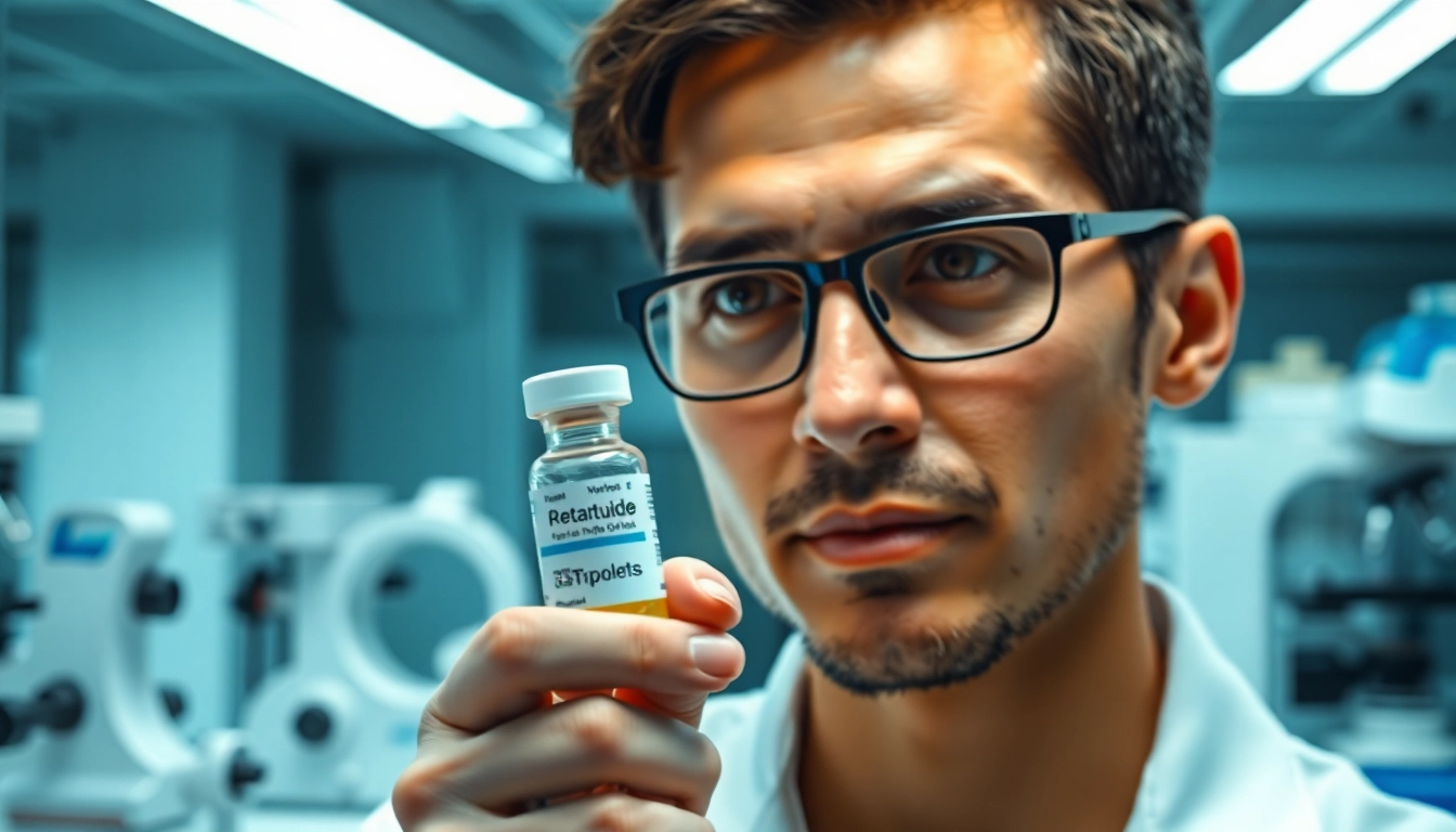 Scientist analyzing Retatrutide in a modern laboratory setting with advanced equipment.