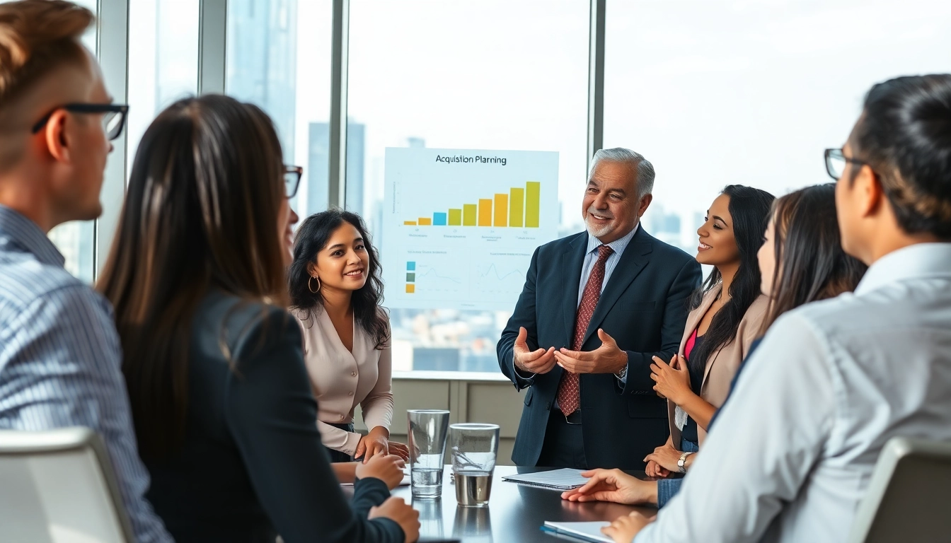 Engaging professionals discussing Acquisition Planning strategies in a modern office setting.