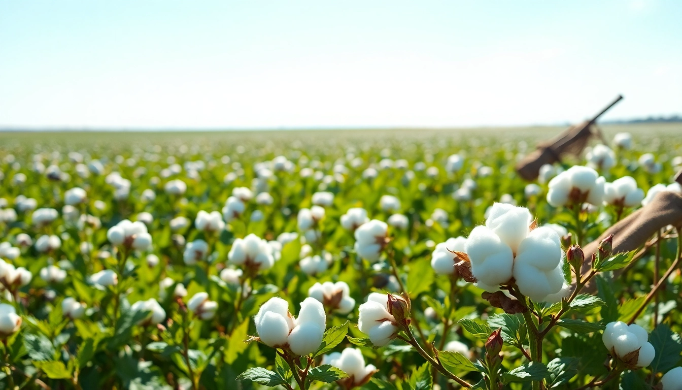Katoenplantage met pluizige katoenbollen en rustieke landbouwgereedschappen op de achtergrond.
