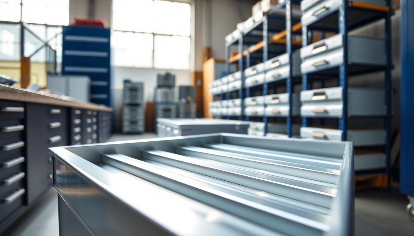 Efficient metal drawer system showcasing smooth metallic rails highlighted in a modern workshop.
