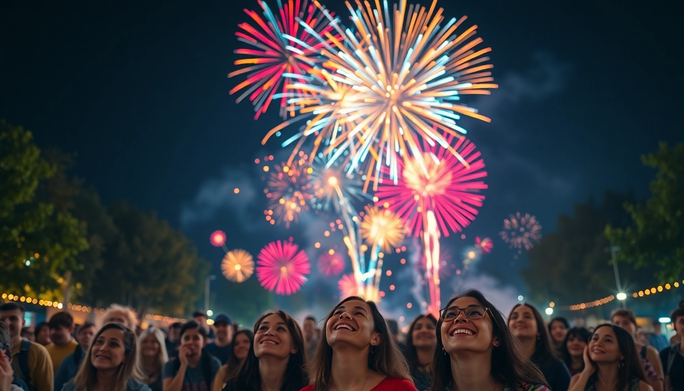 Enjoy breathtaking cheap fireworks near me illuminating a night sky above a joyful crowd.