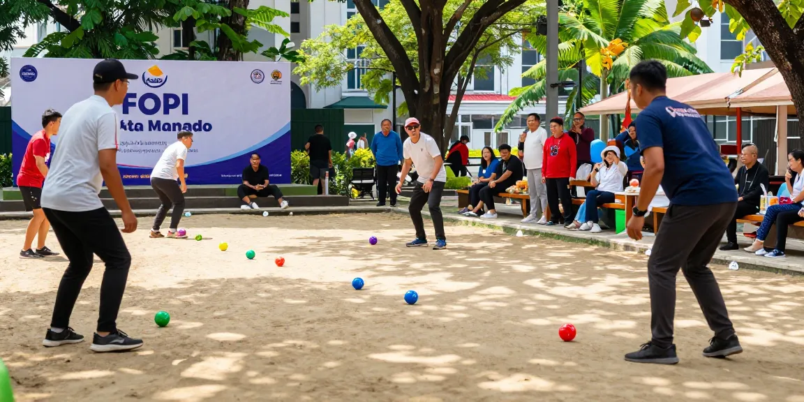 FOPI Kota Manado tournament showcasing vibrant petanque competition in a sunny park.