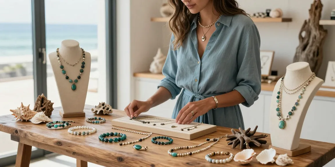 Sustainable jewellery gifts elegantly displayed in a coastal-inspired boutique, showcasing recycled metals and ethically sourced gemstones.