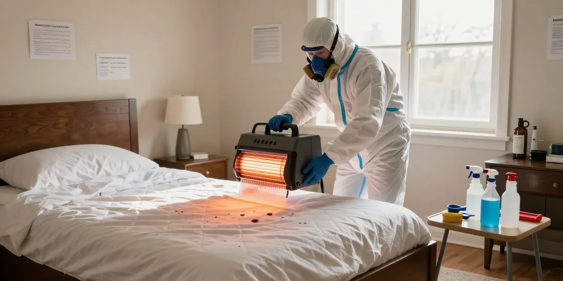 Bed bug heat treatment in a bedroom by professional exterminator ensuring effective pest management.