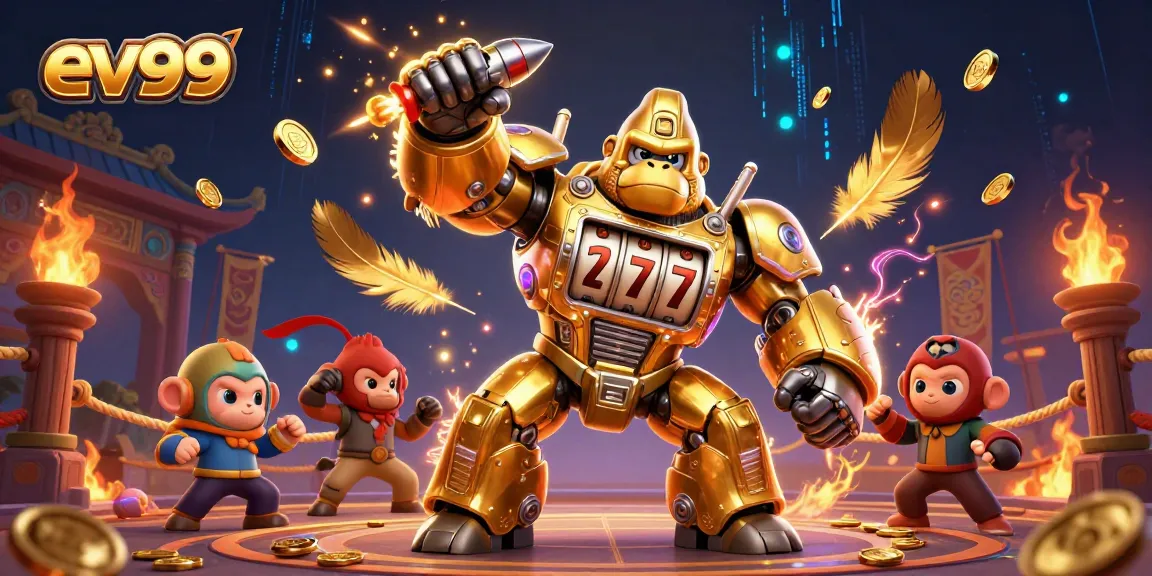 ev99 showcases an explosive gaming scene with a golden gorilla mech and vibrant casino elements.