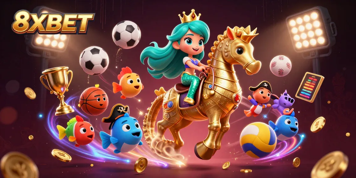 Play and win at 8XBET with our colorful mermaid princess and sports-themed illustration.