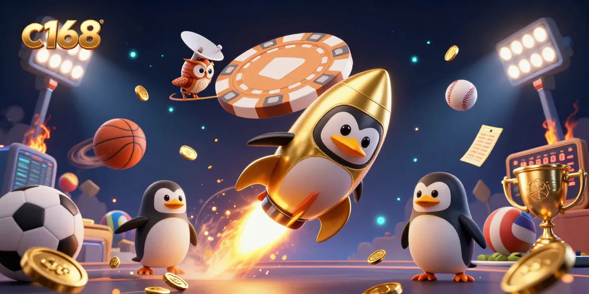 Experience the excitement of c168 as a golden penguin rockets into a casino-themed universe full of dynamic sports elements and treasures.