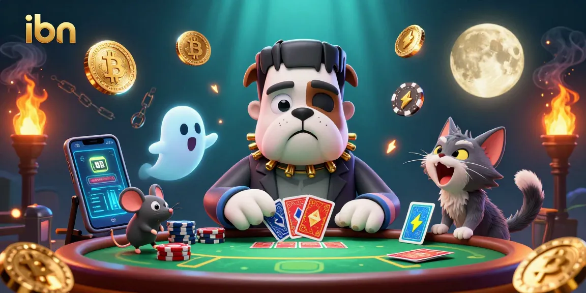 Play at ibn with a 3D cartoon monster dealer, crypto coins, and spooky casino vibes.