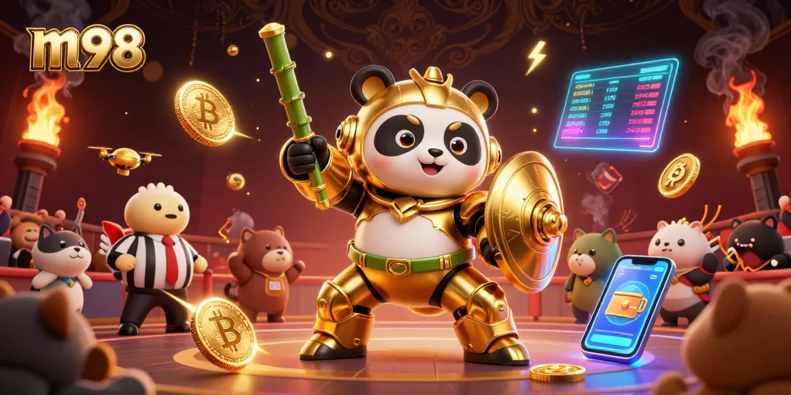 Join the gaming adventure with m98's golden panda robot battling in a vibrant casino arena.