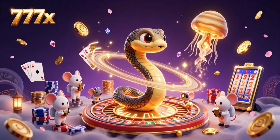 Engage with 777x's dynamic 3D casino scene featuring vibrant games and cosmic elements.