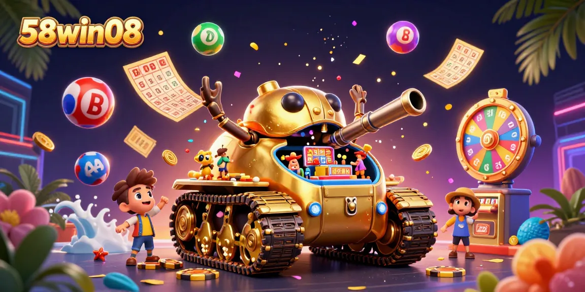 Experience the thrill of 58win08 with a golden beetle tank casino illustration and vibrant lottery elements.