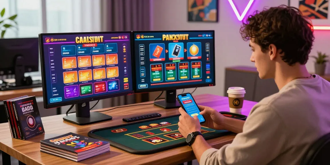 Player at a credit card casino enjoying gaming on dual monitors while checking promotions on their smartphone at https://crownwoods.org.uk/.