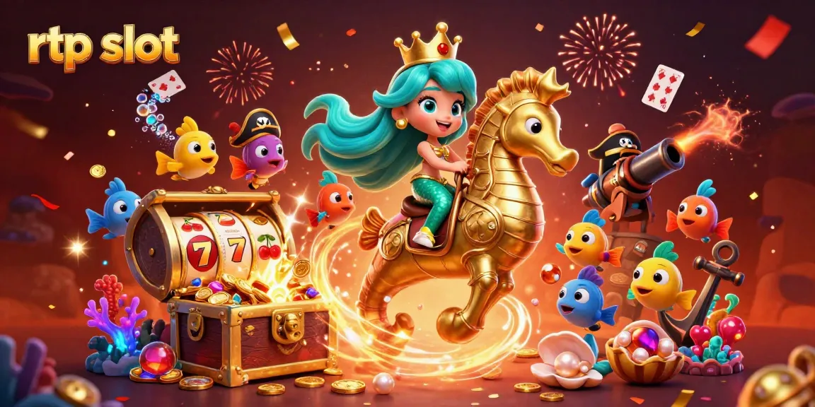 Experience excitement with rtp slot as a mermaid princess rides her seahorse amidst treasures and vibrant casino elements.