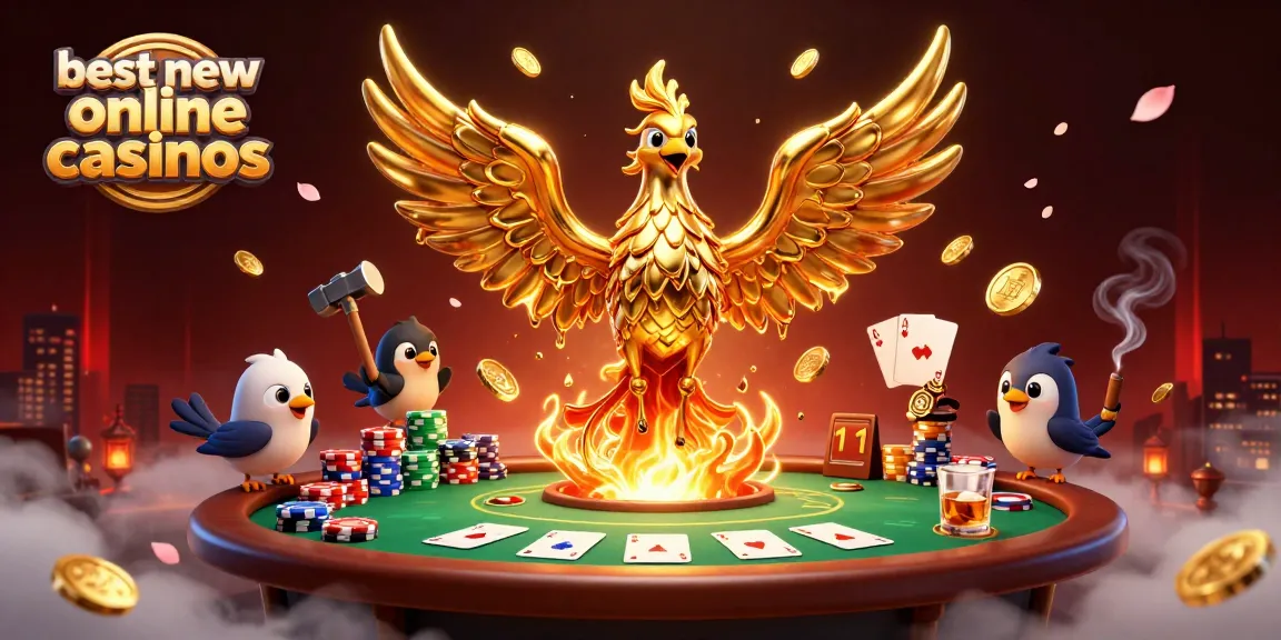 Experience the excitement of the best new online casinos with vibrant poker elements and a golden phoenix illustration.