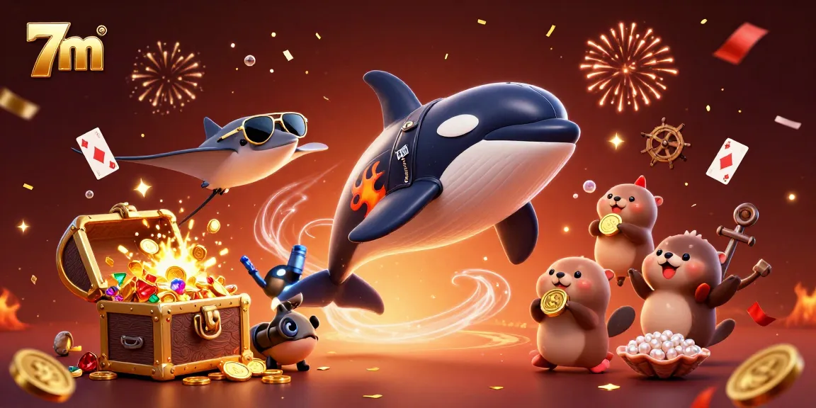 Experience the thrill of betting with 7m as colorful characters celebrate a casino-themed underwater world filled with gold coins.