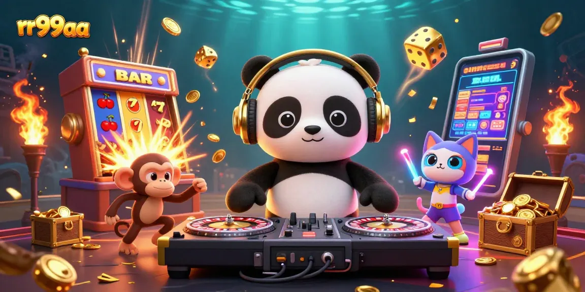 Experience the thrills of rr99aa with a vibrant casino scene featuring a DJ panda and dancing characters.