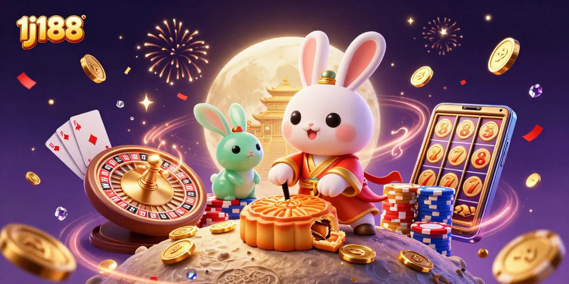 Engage in thrilling adventures with 1j188, where the whimsical moon rabbit reveals poker chips from mooncakes in a vibrant casino scene.