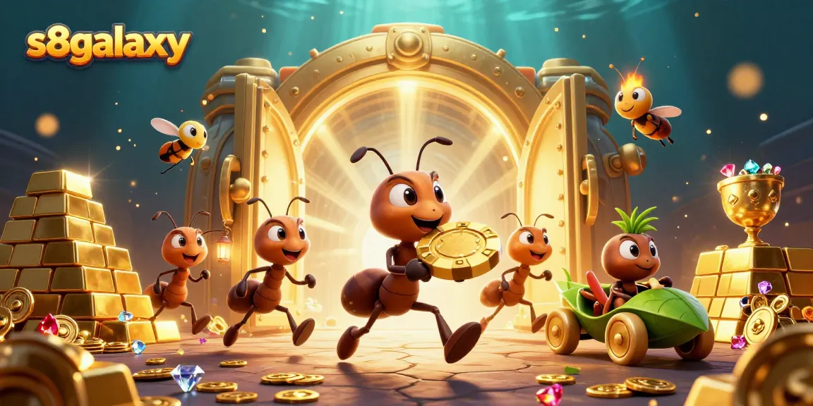 Engaging scene of ants carrying a massive poker chip while exploring s8galaxy's vibrant casino treasure.