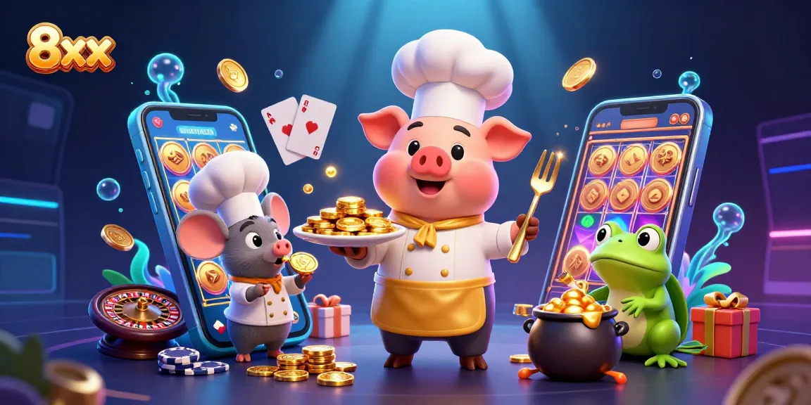 Engage with 8xx casino games featuring gold coins and vibrant slot actions in this playful scene