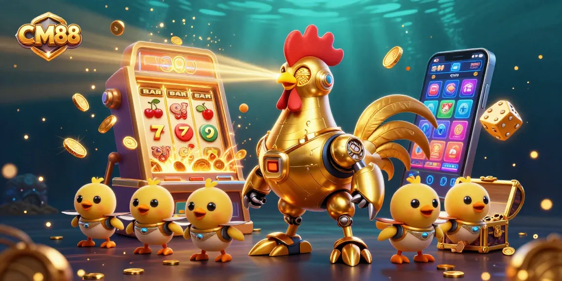 Experience the vibrant energy of CM88 with a retro-futuristic casino scene bursting with gold and excitement.