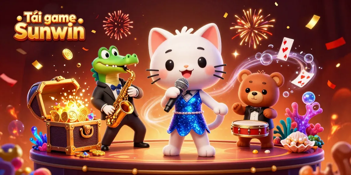 Tải game Sunwin with an exciting scene of cartoon characters in a vibrant casino setting, full of energy and detail.