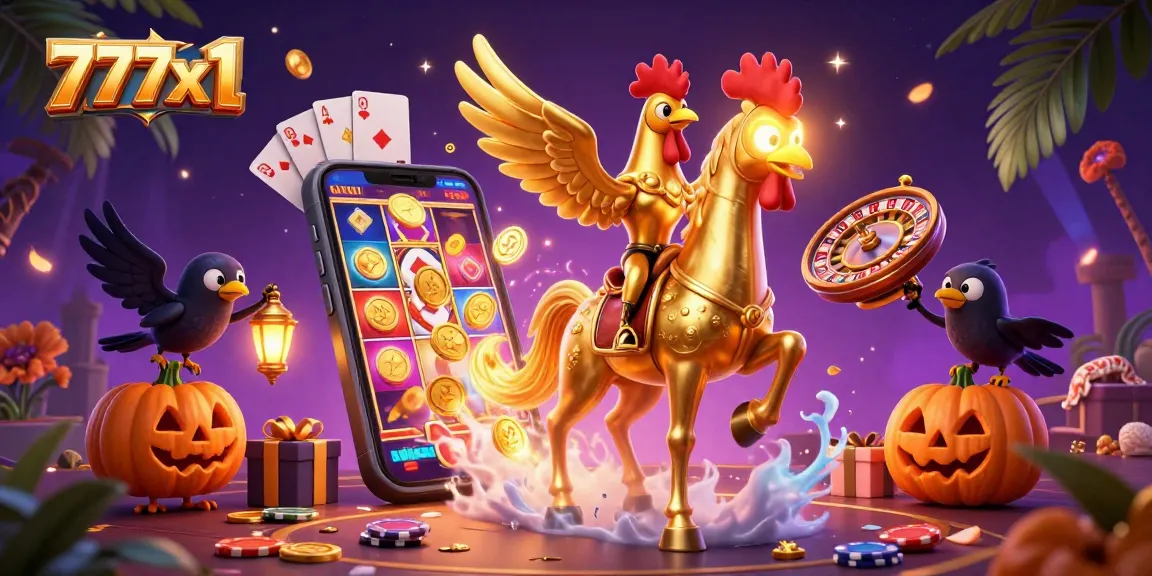 Join the excitement at 777x1 with a dazzling 3D illustration of a golden rooster and lively casino elements.
