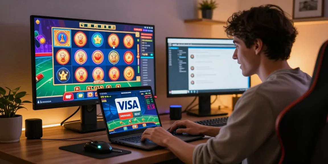 Player enjoying online gaming at https://scoarch.org.uk with Visa and Mastercard options visible on the screen, vibrant casino backdrop.