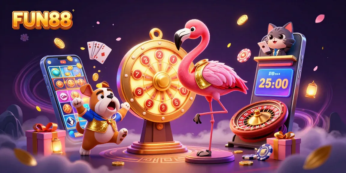 Engage with FUN88 as the animated host spins a grand prize wheel amid vibrant casino elements.