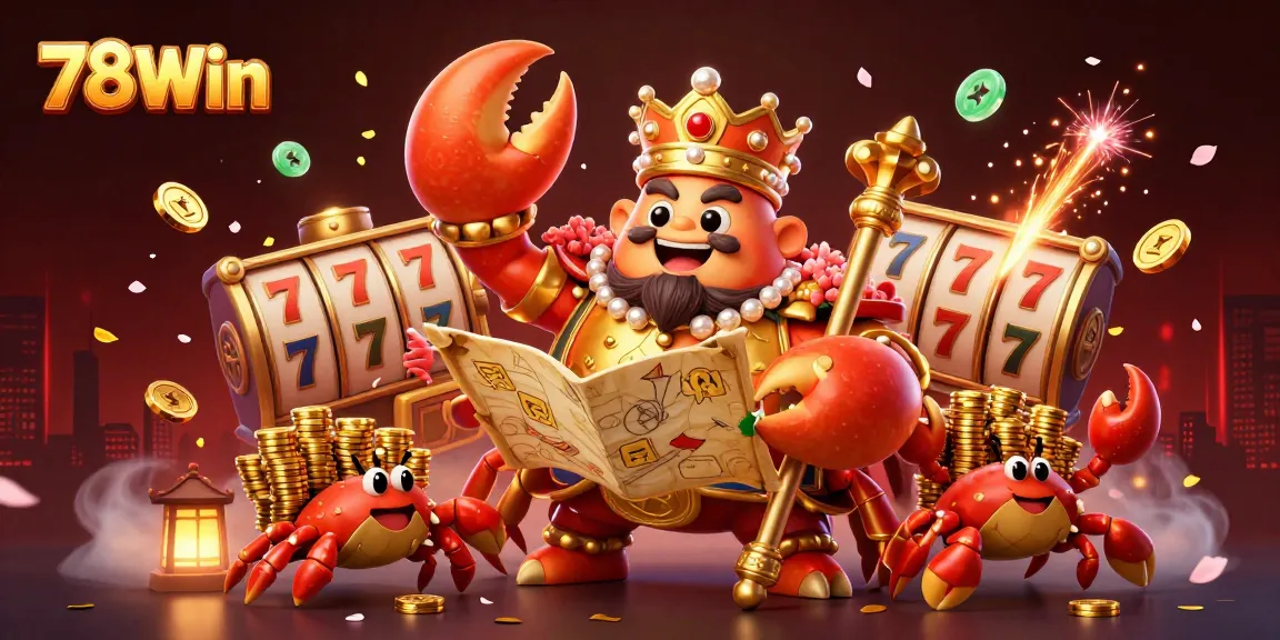 Experience an exciting slot game adventure at 78Win with the golden crab emperor surrounded by treasures