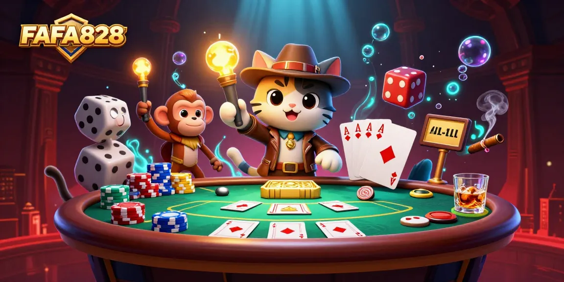Engage with the vibrant world of FAFA828 through a cartoon illustration depicting a thrilling casino treasure hunt.