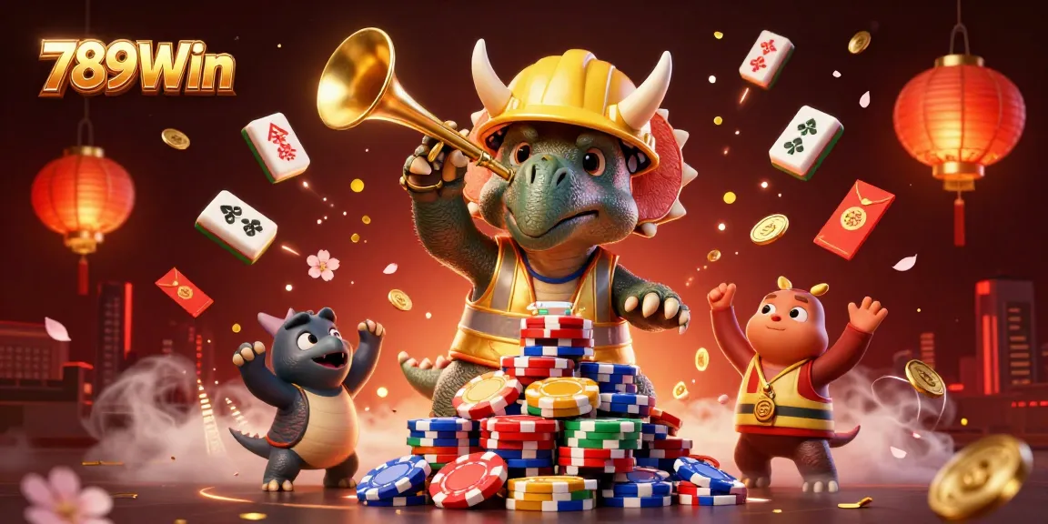 Engage with the vibrant 789Win casino scene, featuring a triceratops and festive elements celebrating wins.